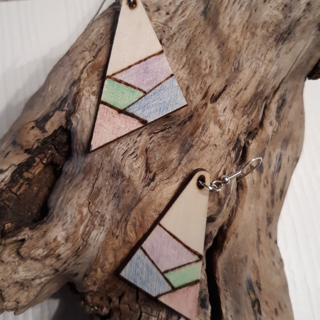 Wood Burned Colored Mosiac Style Wood Earrings